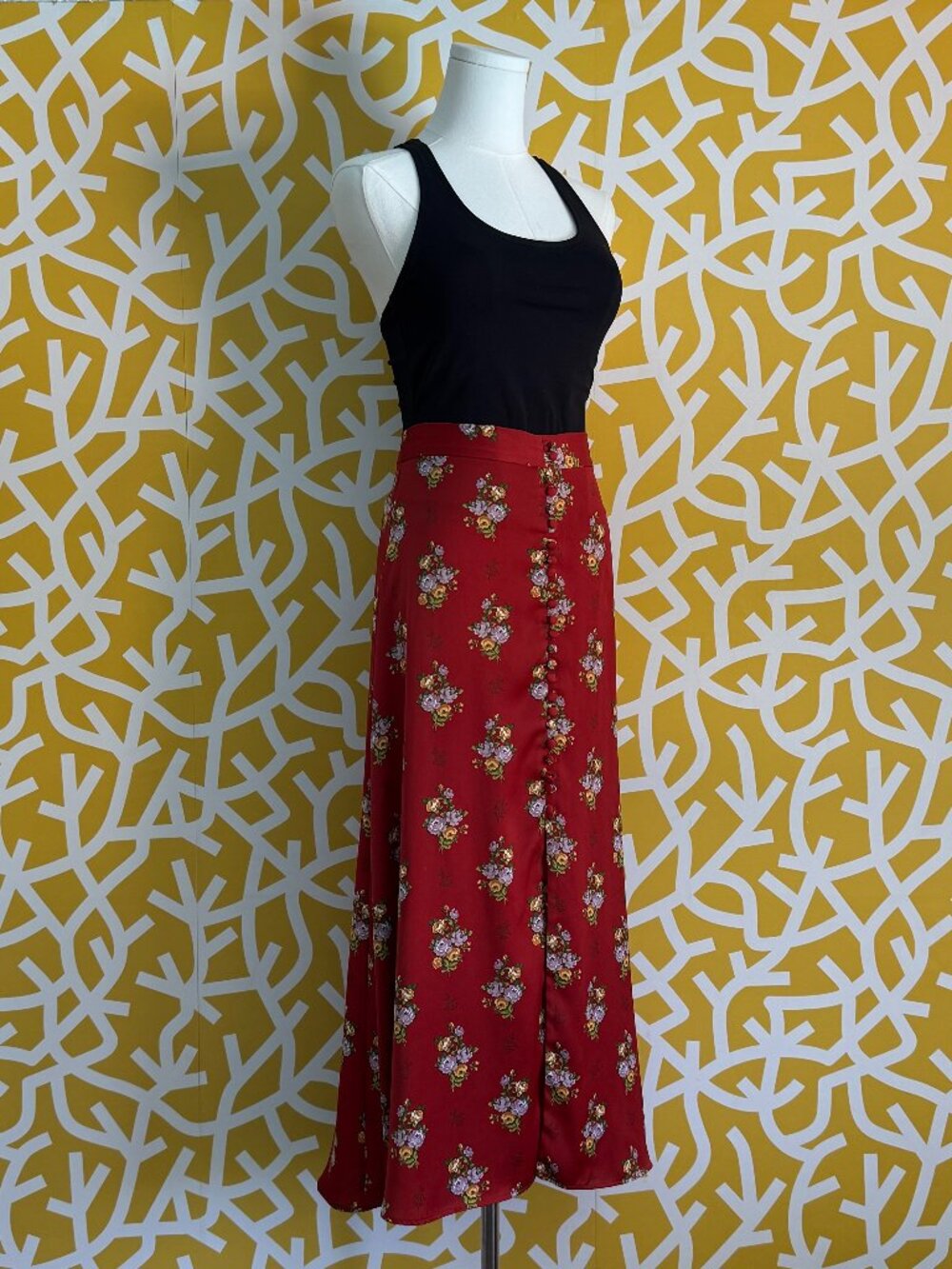 Zara Red Floral Midi Button Skirt - Small